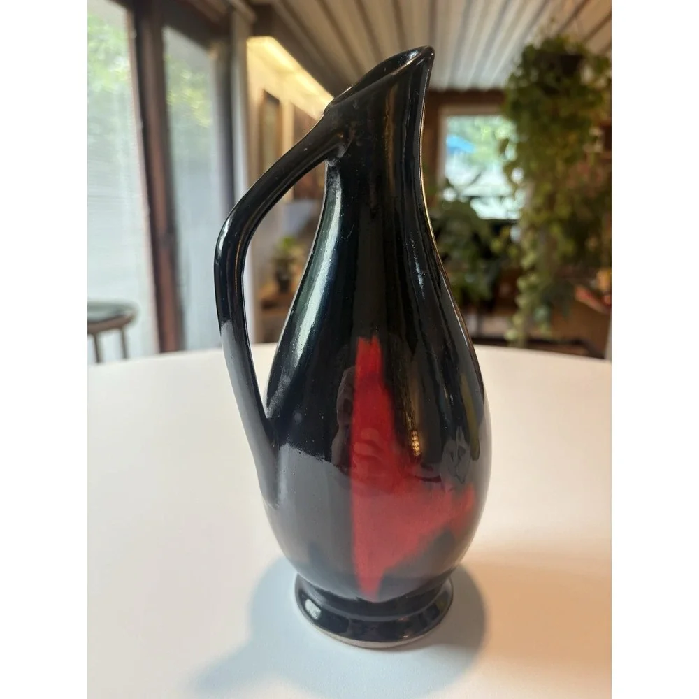 Vintage Hungarian Black Red Drip Glaze Pitcher Vase Mid Century Pottery BISZ 60s